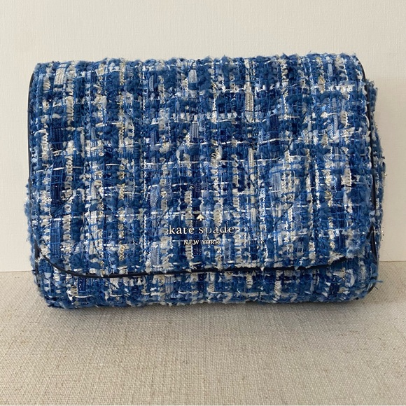 KATE SPADE NWOT Blue Tweed Shoulder Bag Silver Chain - Picture 3 of 6